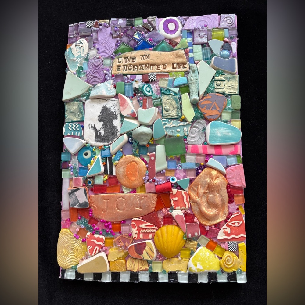 Handmade Mosaic Art” Enchanted Life”Polymer Clay Original On Wood 12”x 8”